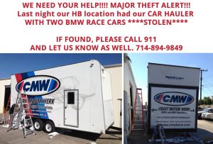 stolen trailer Coast Motor Werk Repair Service Maintenance Mechanics MINI BMW CMW